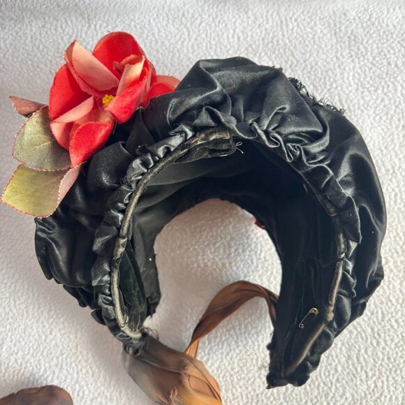 Antique Victorian Black Silk & Velvet Bonnet with Flower main image 9